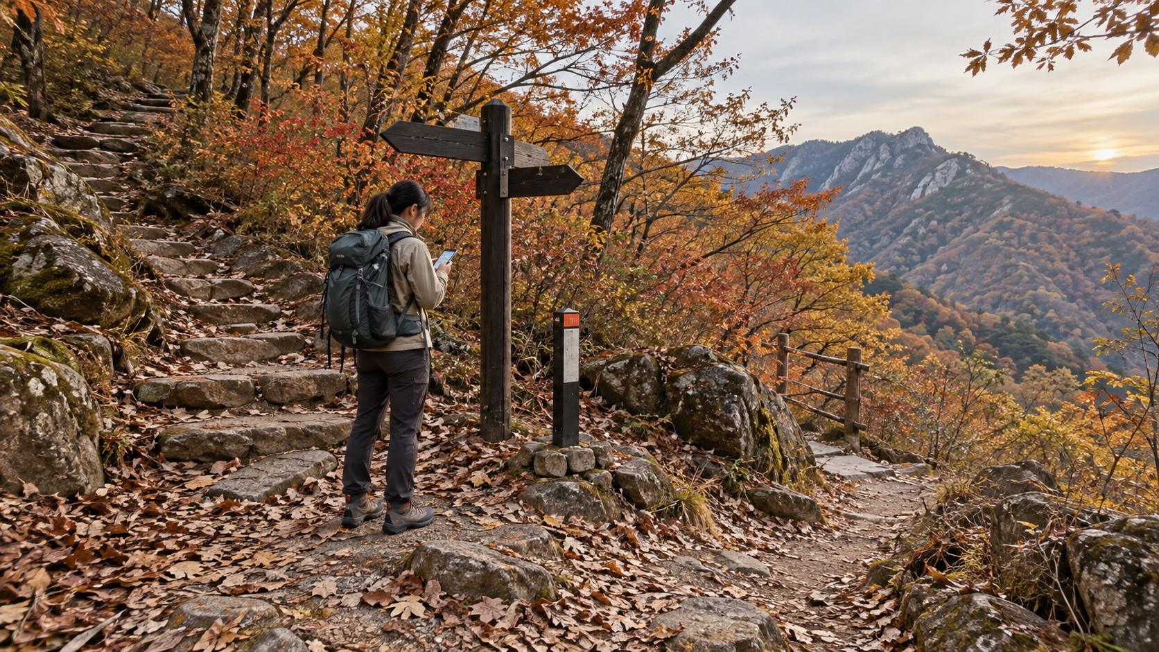 가을 산행에서 길을 잃기 전 하산 시각과 위치표지판을 맞추는 법 핵심 판단 기준을 보여 주는 대표 이미지