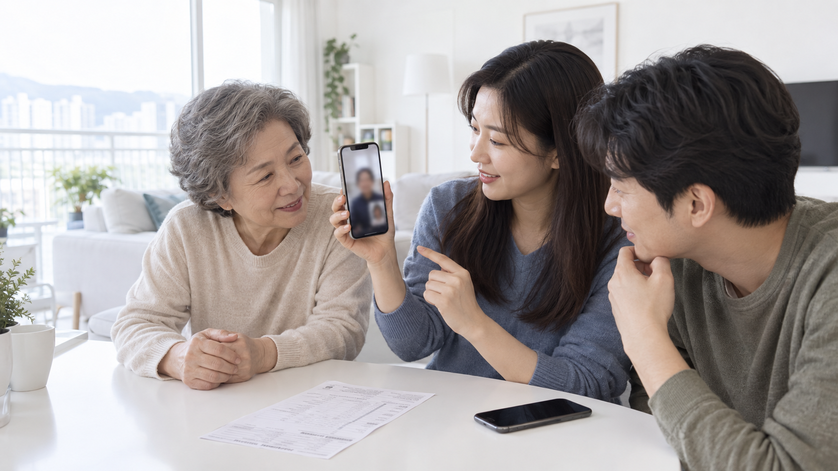 밝은 거실에서 가족이 휴대전화 영상통화 화면과 통신 요금 내역을 함께 대조하는 장면