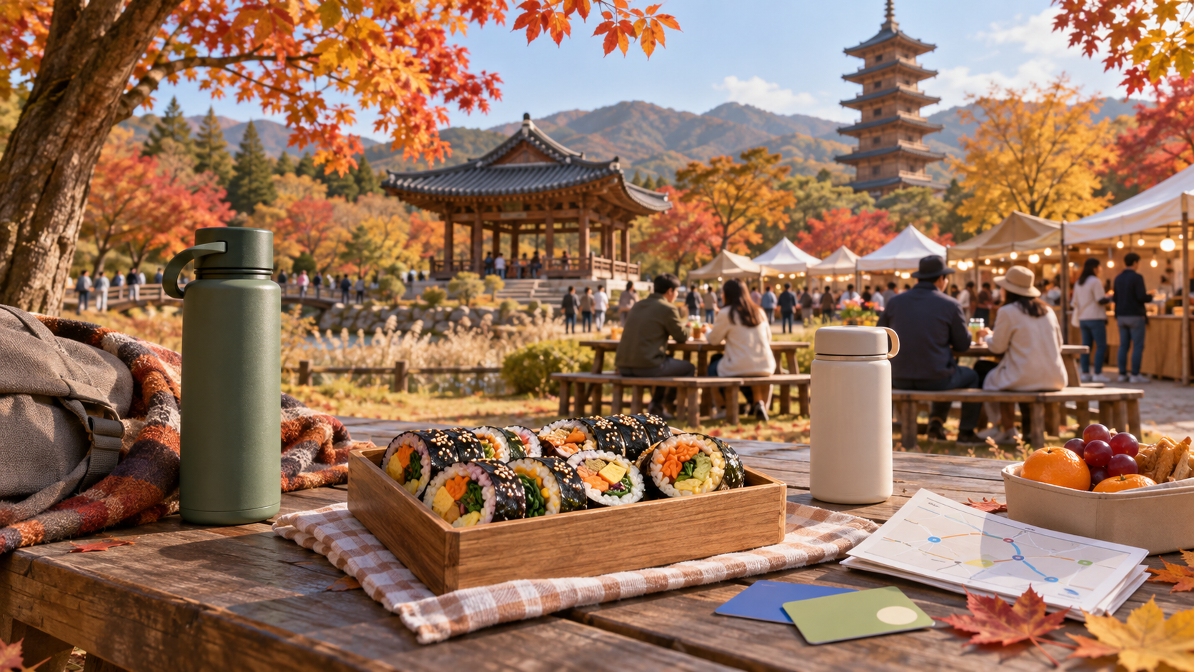 가을 공원 피크닉 테이블의 김밥과 멀리 보이는 목조 누각·탑, 야외 축제 분위기를 표현한 생성 이미지