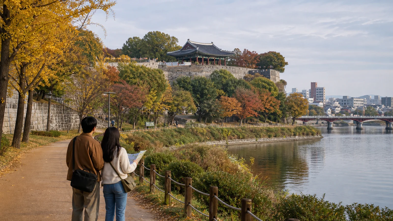가을 낮 남강 산책로에서 진주성 방향을 바라보며 지도를 든 두 여행자를 표현한 장면