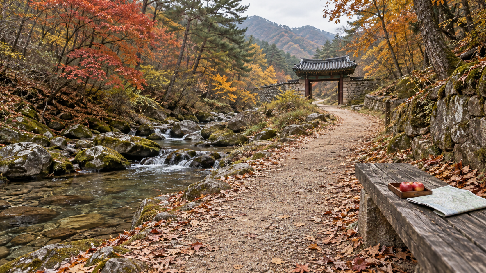 단풍이 든 문경새재 옛길을 표현한 숲길과 계곡, 나무 벤치 위 사과와 접힌 지도가 있는 생성 이미지