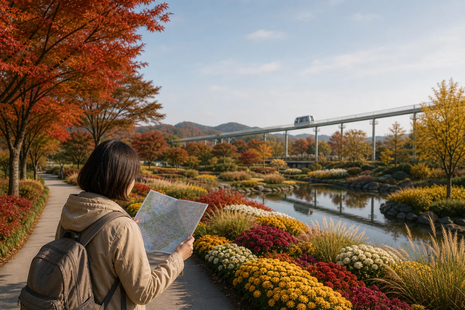 가을빛 순천 정원 산책로와 지도를 든 여행자, 멀리 보이는 소형 궤도 교통수단을 표현한 장면