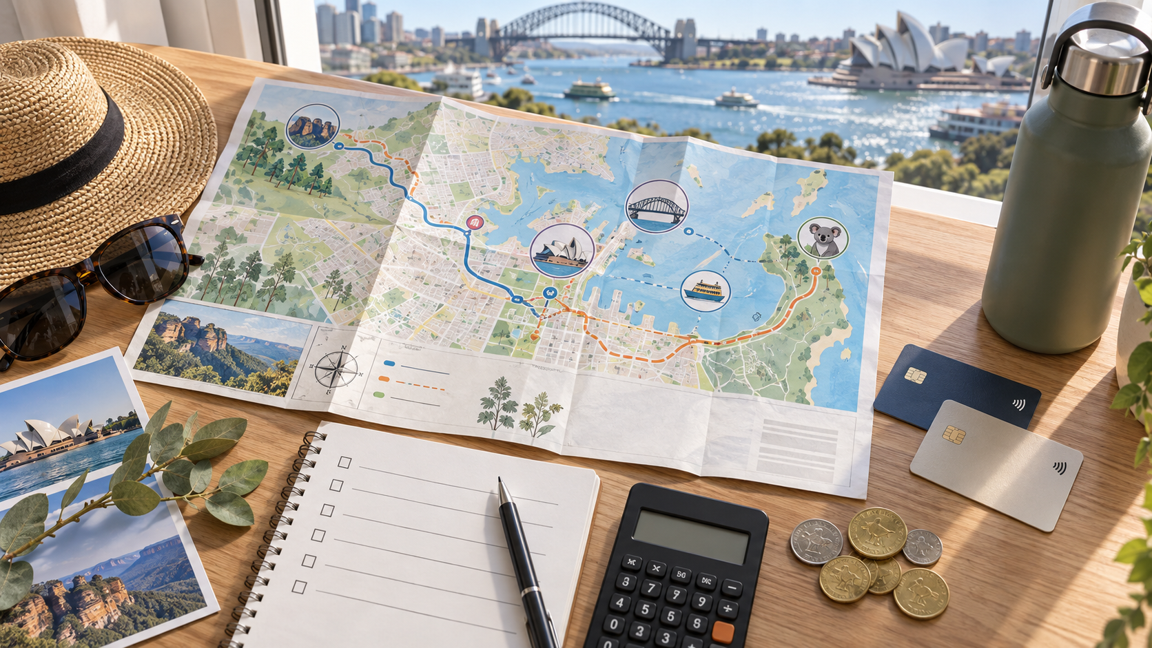 시드니 도심과 블루마운틴 동선을 지도, 교통카드, 계산기와 함께 배치한 여행 계획 이미지